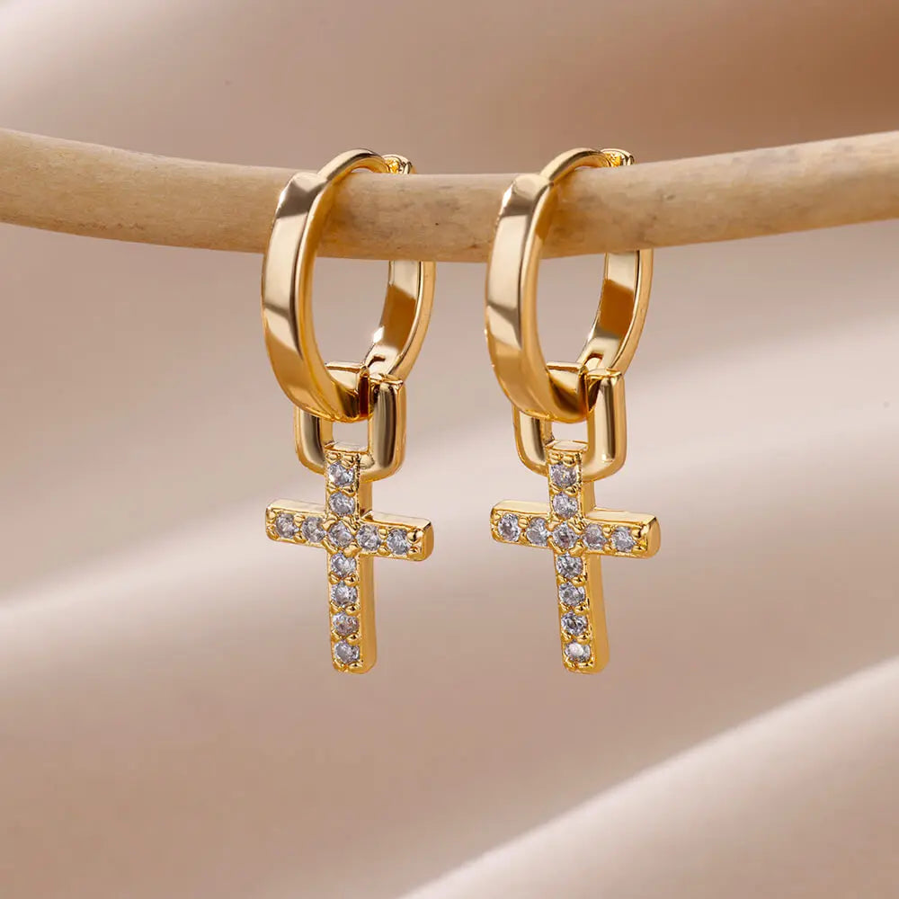 Divine Dangle™ – Elegant Cross Earrings in Stainless Steel & Zircon