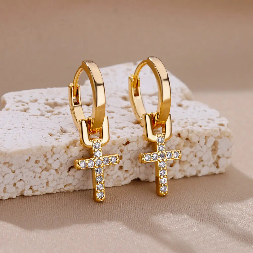 Divine Dangle™ – Elegant Cross Earrings in Stainless Steel & Zircon