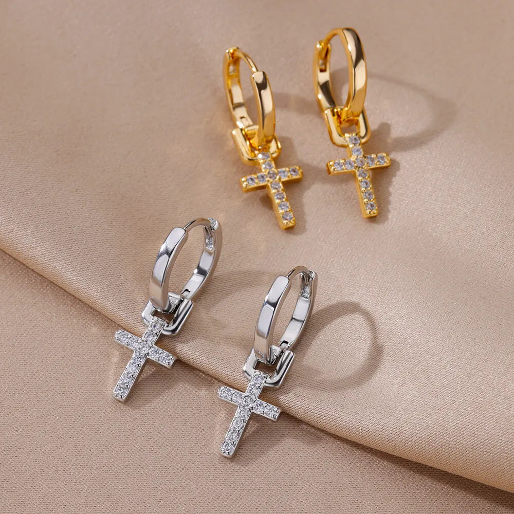 Divine Dangle™ – Elegant Cross Earrings in Stainless Steel & Zircon
