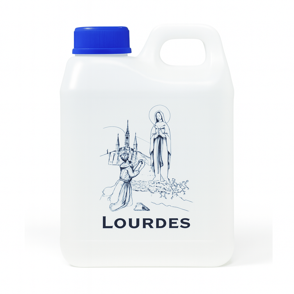 Lourdes Holy Water jug featuring an illustration of Saint Bernadette and the Virgin Mary, sourced from France.