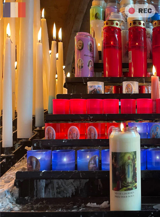 Lourdes Novena Candle with Sacred Image – Virgin Mary or Lourdes Grotto Apparition | Prayer Intention Video Service